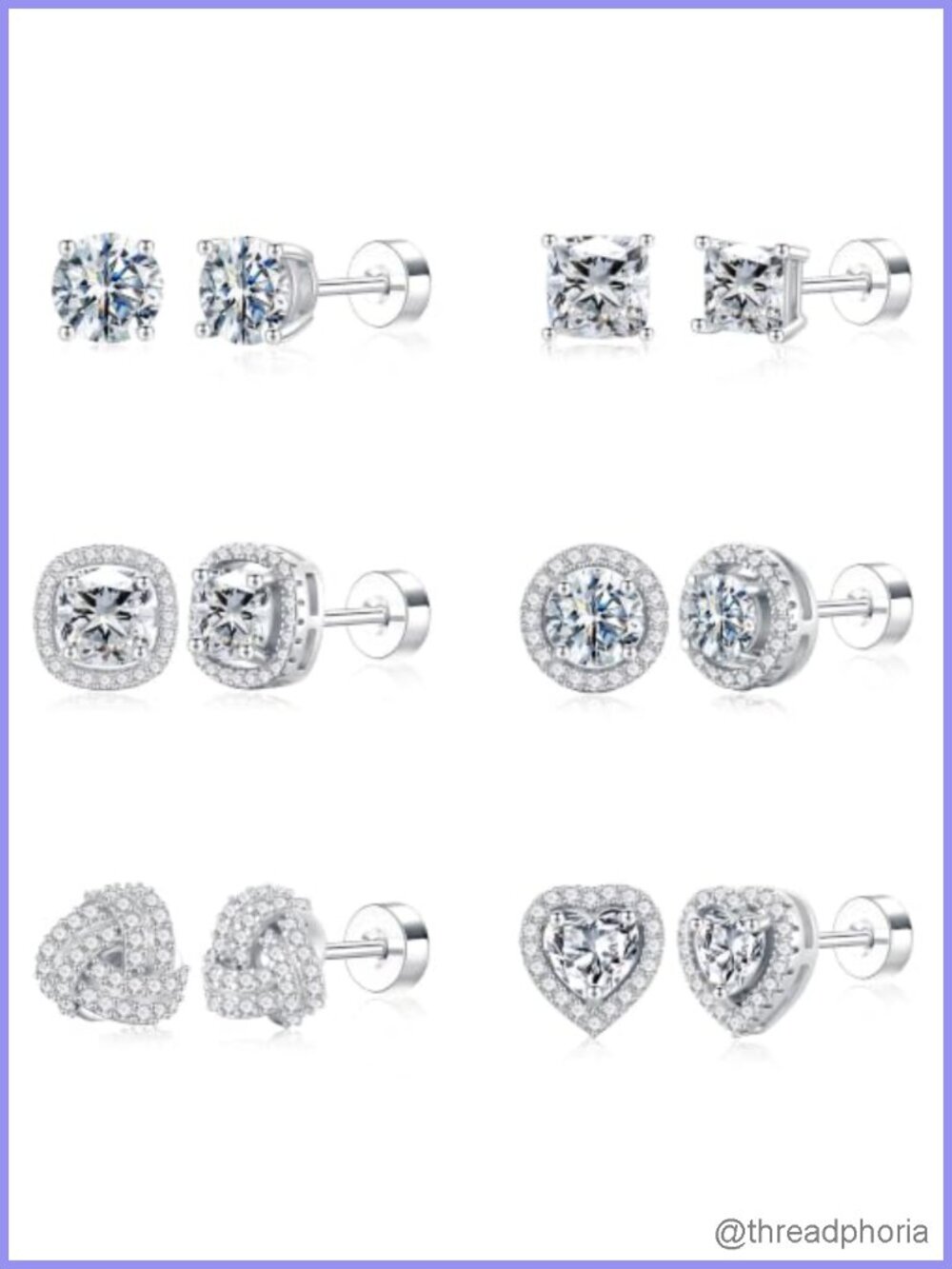 Hypoallergenic Flat Back Stud Earrings Set Silver Plated Brass Zircon